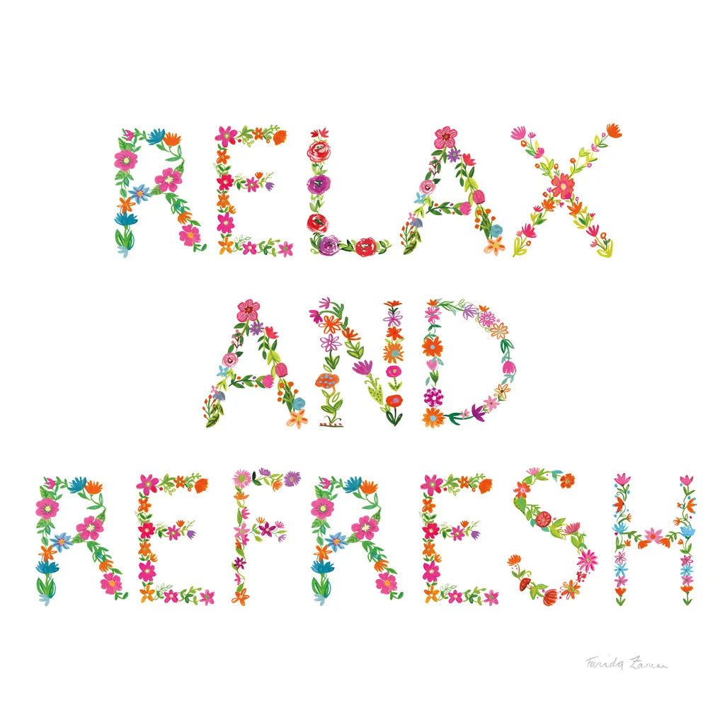 Floral Bathroom Relax and Refresh by Farida Zaman. SKU 64934a. Archival Giclee Fine art print for wall decor.