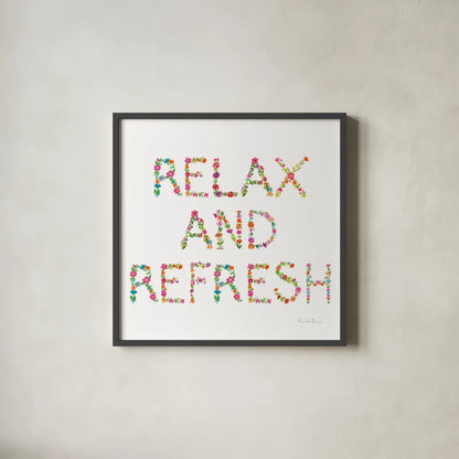 Floral Bathroom Relax and Refresh by Farida Zaman. Shown in a sleek black glass frame for a contemporary gallery look. Available as an archival giclee rolled canvas, fine art paper, or poster print. SKU 64934a.