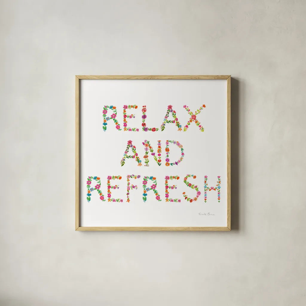 Floral Bathroom Relax and Refresh by Farida Zaman. Shown in a natural wood glass frame for a timeless modern aesthetic. Available as an archival giclee rolled canvas, fine art paper, or poster print. SKU 64934a.