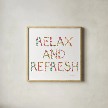 Floral Bathroom Relax and Refresh by Farida Zaman. Shown in a natural wood glass frame for a timeless modern aesthetic. Available as an archival giclee rolled canvas, fine art paper, or poster print. SKU 64934a.