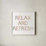 Floral Bathroom Relax and Refresh by Farida Zaman. Shown in a crisp white glass frame for a clean and minimalist style. Available as an archival giclee rolled canvas, fine art paper, or poster print. SKU 64934a.