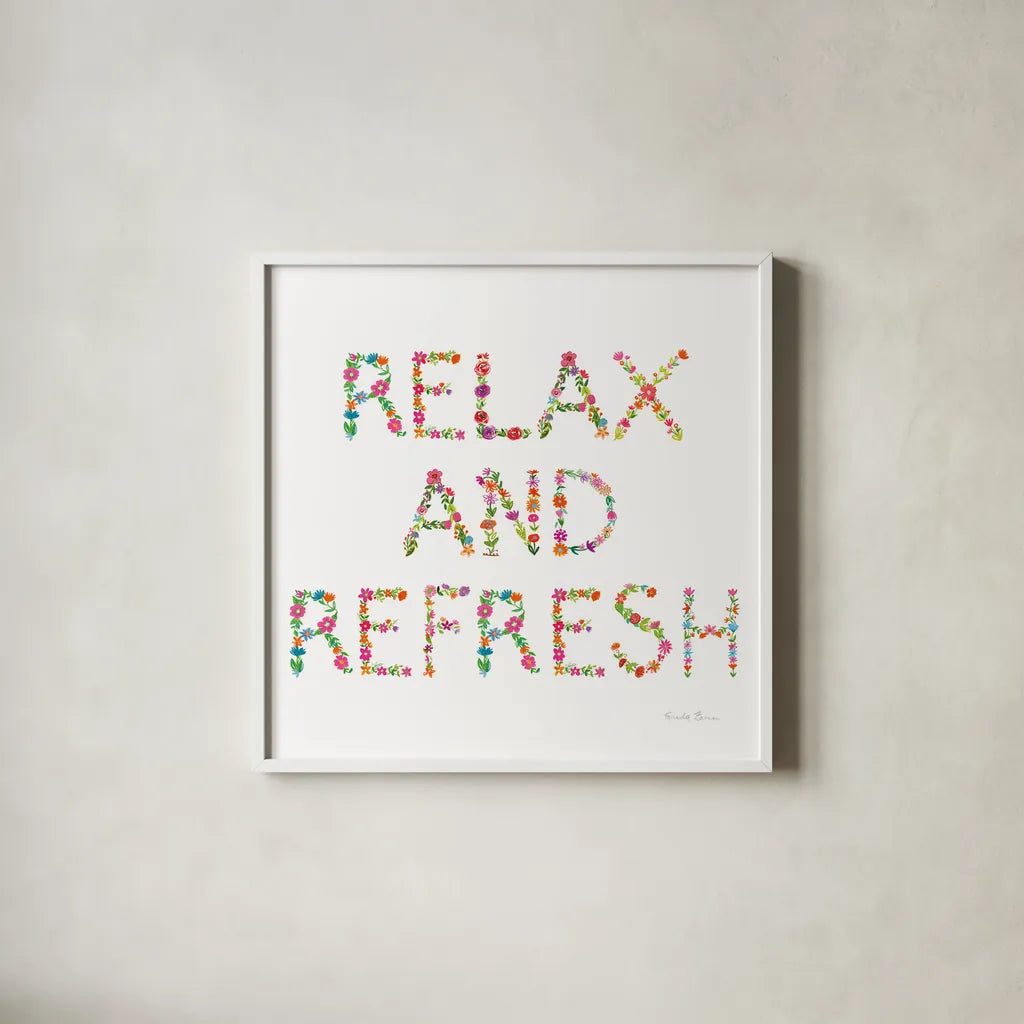 Floral Bathroom Relax and Refresh by Farida Zaman. Shown in a crisp white glass frame for a clean and minimalist style. Available as an archival giclee rolled canvas, fine art paper, or poster print. SKU 64934a.