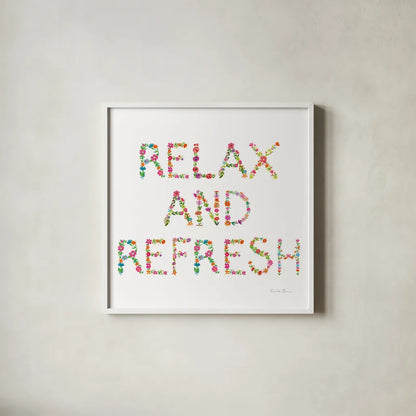 Floral Bathroom Relax and Refresh by Farida Zaman. Shown in a crisp white glass frame for a clean and minimalist style. Available as an archival giclee rolled canvas, fine art paper, or poster print. SKU 64934a.