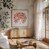 Floral Beauties I by Farida Zaman. Shown in a natural wood frame in a cozy modern living room. Available as an archival giclee rolled canvas, fine art paper, or poster print. SKU 64804a.
