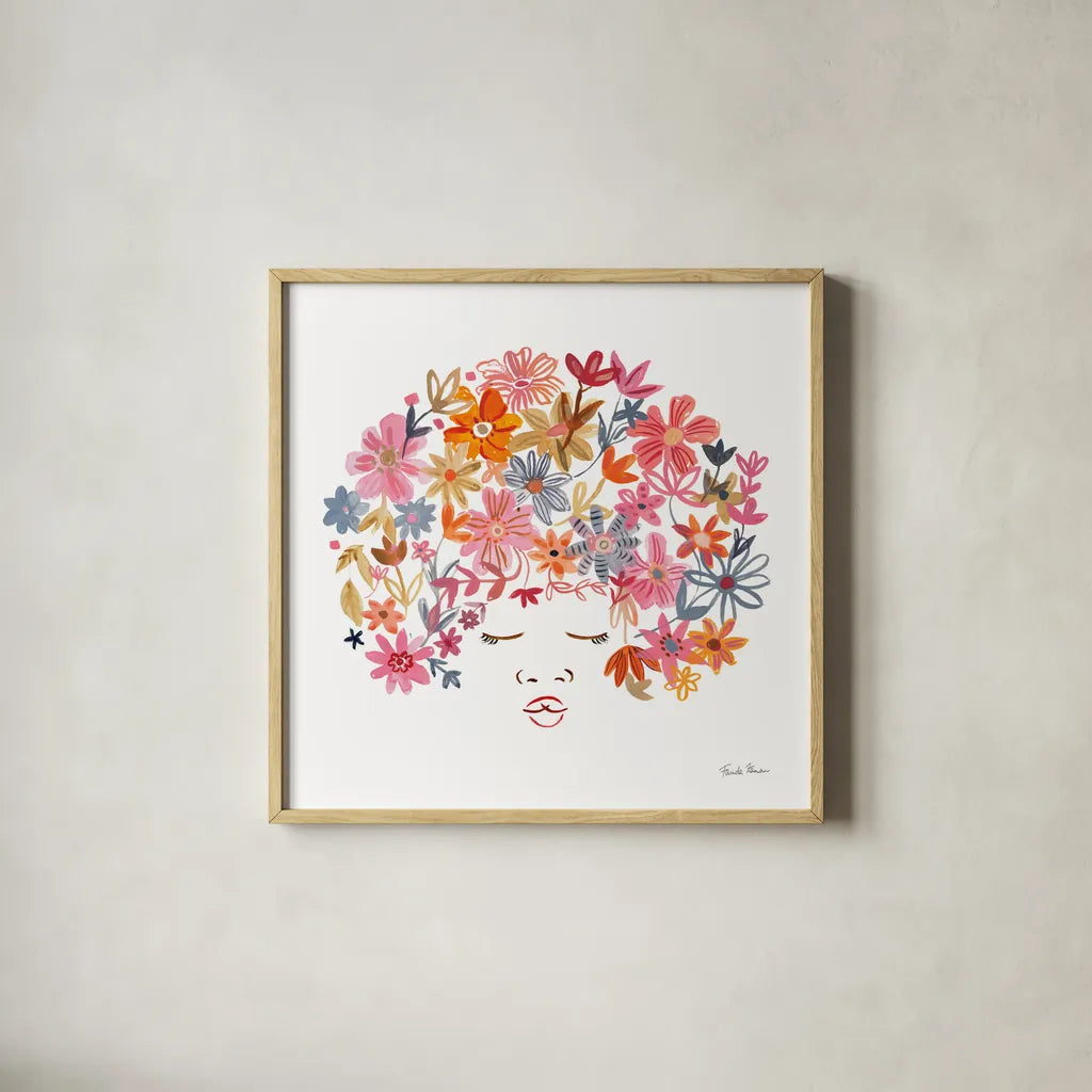 Floral Beauties II by Farida Zaman. Shown in a natural wood glass frame for a timeless modern aesthetic. Available as an archival giclee rolled canvas, fine art paper, or poster print. SKU 64805a.