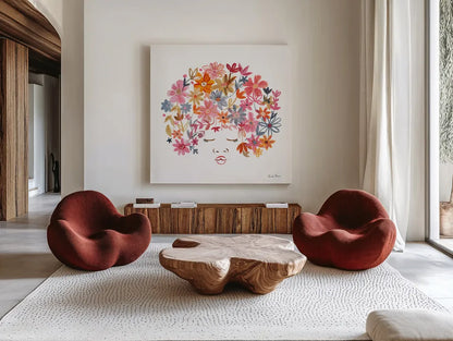 Floral Beauties II by Farida Zaman. Shown as extra-large giant wall art in a modern living room. Available as an archival giclee rolled canvas, fine art paper, or poster print. SKU 64805a.