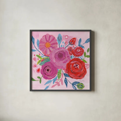 Floral Burst I by Farida Zaman. Shown in a sleek black glass frame for a contemporary gallery look. Available as an archival giclee rolled canvas, fine art paper, or poster print. SKU 56936a.