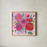 Floral Burst I by Farida Zaman. Shown in a natural wood glass frame for a timeless modern aesthetic. Available as an archival giclee rolled canvas, fine art paper, or poster print. SKU 56936a.