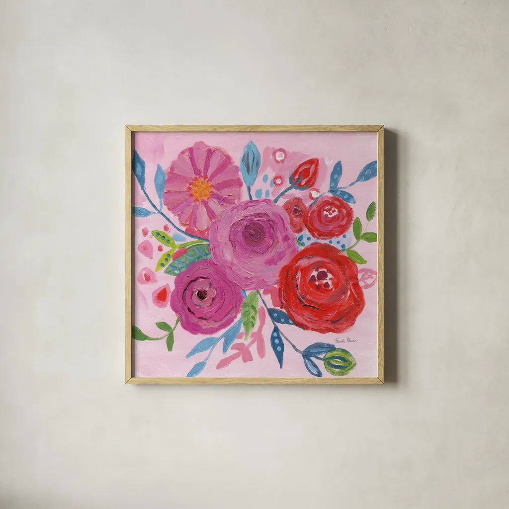Floral Burst I by Farida Zaman. Shown in a natural wood glass frame for a timeless modern aesthetic. Available as an archival giclee rolled canvas, fine art paper, or poster print. SKU 56936a.
