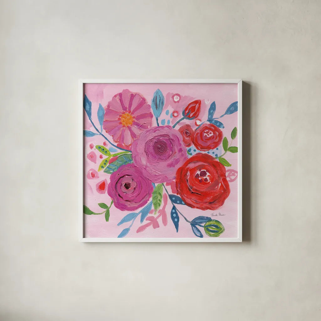 Floral Burst I by Farida Zaman. Shown in a crisp white glass frame for a clean and minimalist style. Available as an archival giclee rolled canvas, fine art paper, or poster print. SKU 56936a.