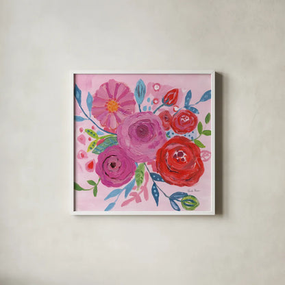 Floral Burst I by Farida Zaman. Shown in a crisp white glass frame for a clean and minimalist style. Available as an archival giclee rolled canvas, fine art paper, or poster print. SKU 56936a.
