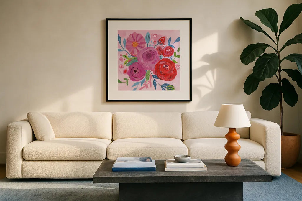 Floral Burst I by Farida Zaman. Displayed in a glass frame with matte in a clean modern living room. Available as an archival giclee rolled canvas, fine art paper, or poster print. SKU 56936a.