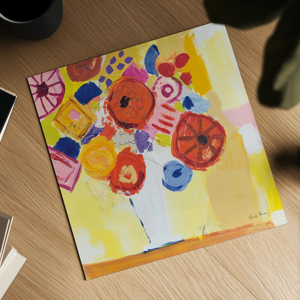 Floral Collage by Farida Zaman. Shown as a detailed flat fine art print, highlighting archival giclee quality. Available as an archival giclee rolled canvas, fine art paper, or poster print. SKU 60946a.