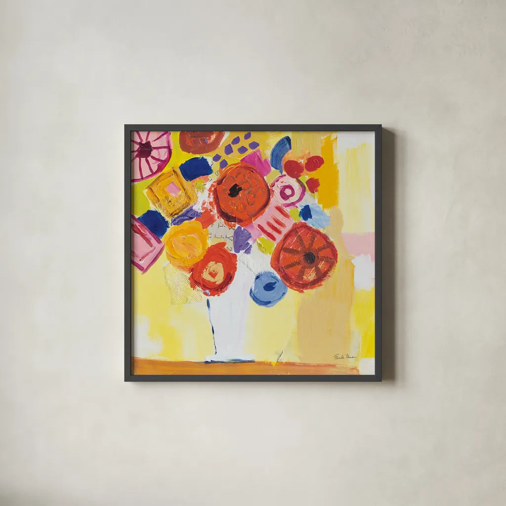 Floral Collage by Farida Zaman. Shown in a sleek black glass frame for a contemporary gallery look. Available as an archival giclee rolled canvas, fine art paper, or poster print. SKU 60946a.