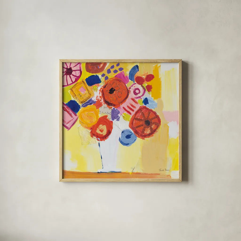 Floral Collage by Farida Zaman. Shown in a natural wood glass frame for a timeless modern aesthetic. Available as an archival giclee rolled canvas, fine art paper, or poster print. SKU 60946a.