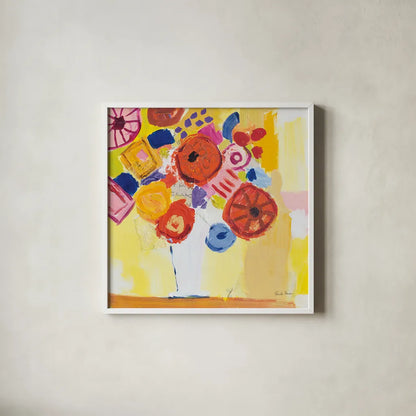 Floral Collage by Farida Zaman. Shown in a crisp white glass frame for a clean and minimalist style. Available as an archival giclee rolled canvas, fine art paper, or poster print. SKU 60946a.