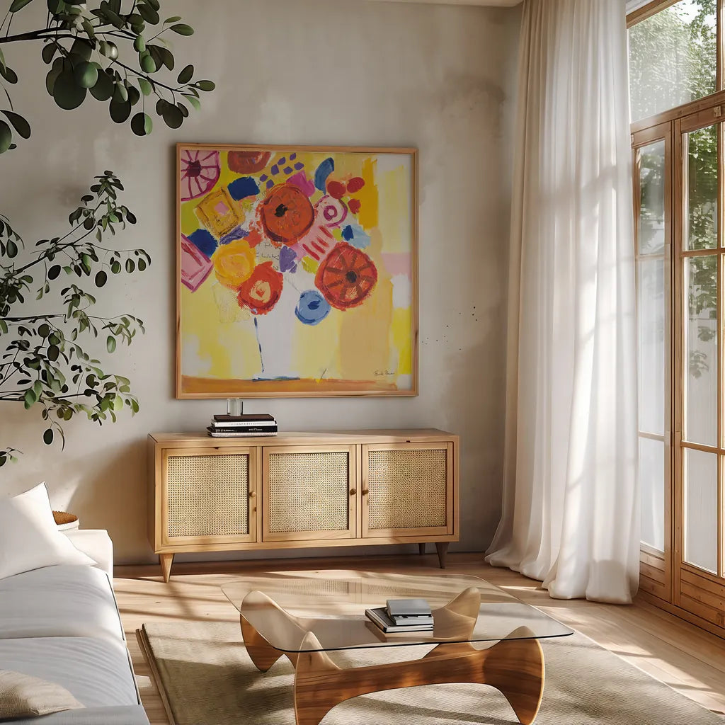 Floral Collage by Farida Zaman. Shown in a natural wood frame in a cozy modern living room. Available as an archival giclee rolled canvas, fine art paper, or poster print. SKU 60946a.