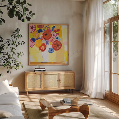 Floral Collage by Farida Zaman. Shown in a natural wood frame in a cozy modern living room. Available as an archival giclee rolled canvas, fine art paper, or poster print. SKU 60946a.