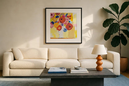 Floral Collage by Farida Zaman. Displayed in a glass frame with matte in a clean modern living room. Available as an archival giclee rolled canvas, fine art paper, or poster print. SKU 60946a.