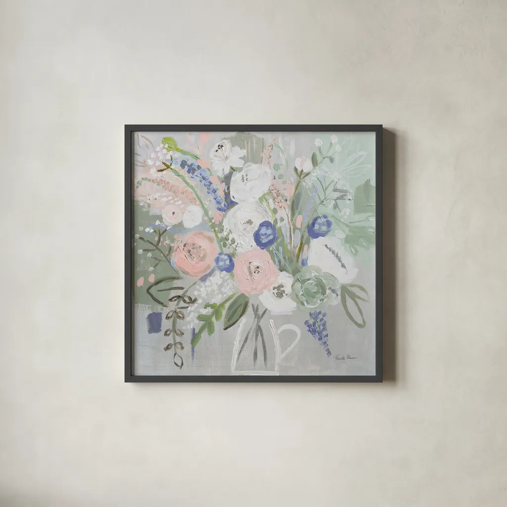 Floral Elegance by Farida Zaman. Shown in a sleek black glass frame for a contemporary gallery look. Available as an archival giclee rolled canvas, fine art paper, or poster print. SKU 54346a.
