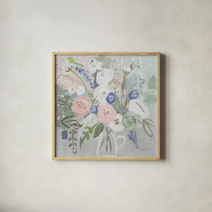 Floral Elegance by Farida Zaman. Shown in a natural wood glass frame for a timeless modern aesthetic. Available as an archival giclee rolled canvas, fine art paper, or poster print. SKU 54346a.