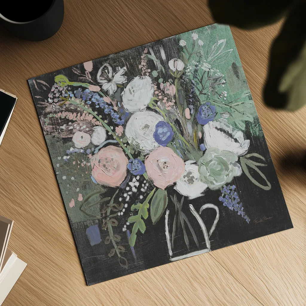 Floral Elegance Black by Farida Zaman. Shown as a detailed flat fine art print, highlighting archival giclee quality. Available as an archival giclee rolled canvas, fine art paper, or poster print. SKU 57807a.