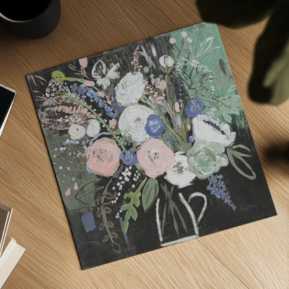 Floral Elegance Black by Farida Zaman. Shown as a detailed flat fine art print, highlighting archival giclee quality. Available as an archival giclee rolled canvas, fine art paper, or poster print. SKU 57807a.