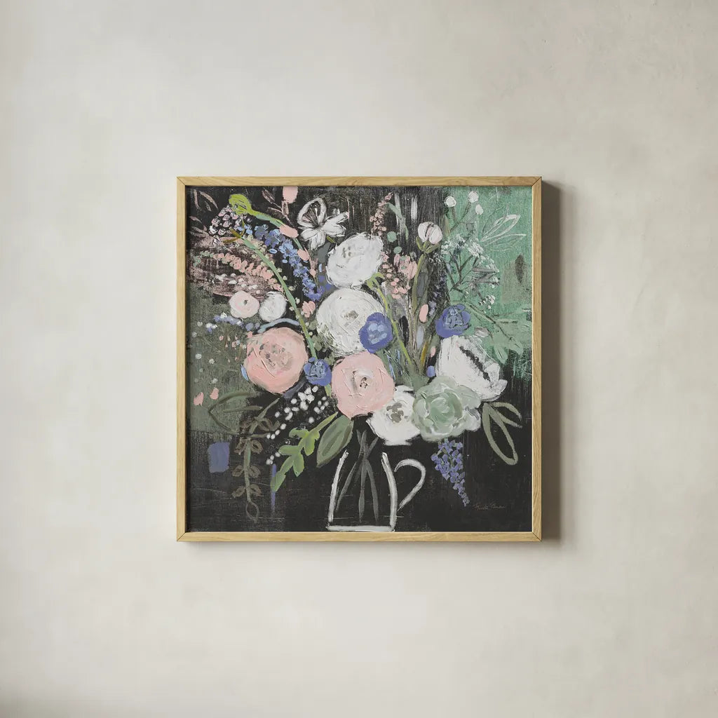 Floral Elegance Black by Farida Zaman. Shown in a natural wood glass frame for a timeless modern aesthetic. Available as an archival giclee rolled canvas, fine art paper, or poster print. SKU 57807a.