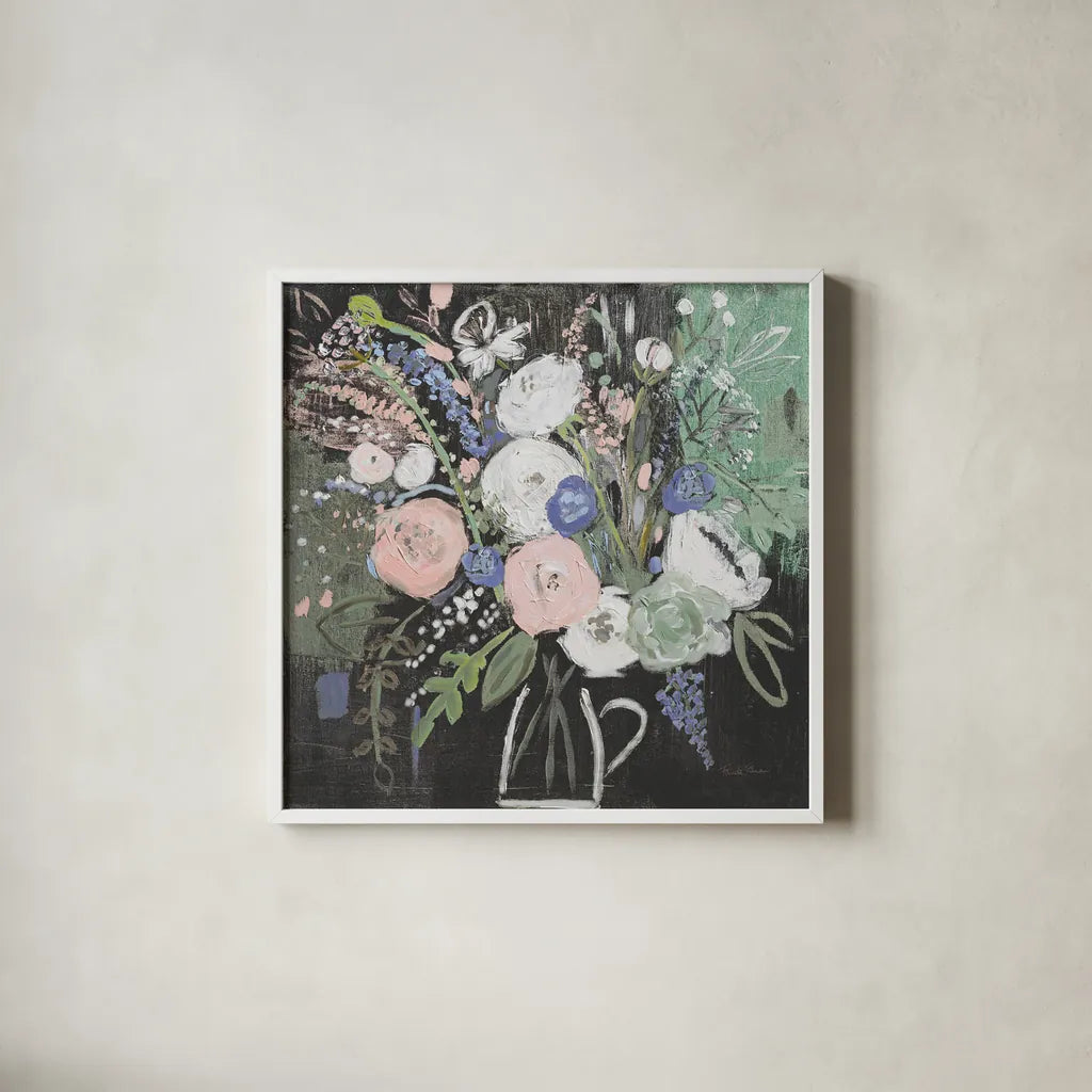 Floral Elegance Black by Farida Zaman. Shown in a crisp white glass frame for a clean and minimalist style. Available as an archival giclee rolled canvas, fine art paper, or poster print. SKU 57807a.