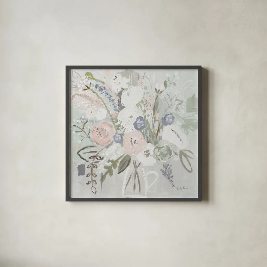 Floral Elegance Bleached by Farida Zaman. Shown in a sleek black glass frame for a contemporary gallery look. Available as an archival giclee rolled canvas, fine art paper, or poster print. SKU 60293a.