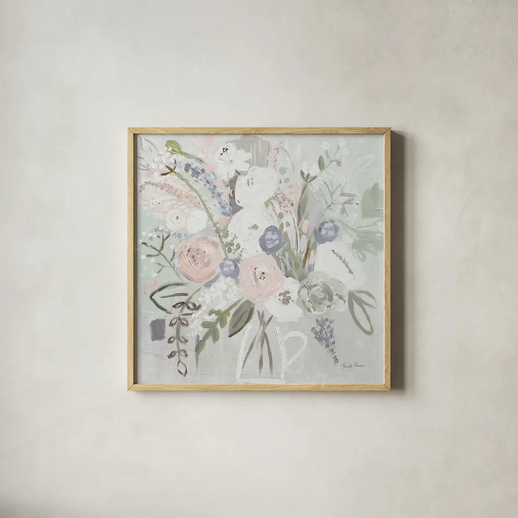 Floral Elegance Bleached by Farida Zaman. Shown in a natural wood glass frame for a timeless modern aesthetic. Available as an archival giclee rolled canvas, fine art paper, or poster print. SKU 60293a.