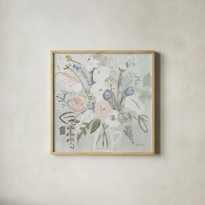 Floral Elegance Bleached by Farida Zaman. Shown in a natural wood glass frame for a timeless modern aesthetic. Available as an archival giclee rolled canvas, fine art paper, or poster print. SKU 60293a.