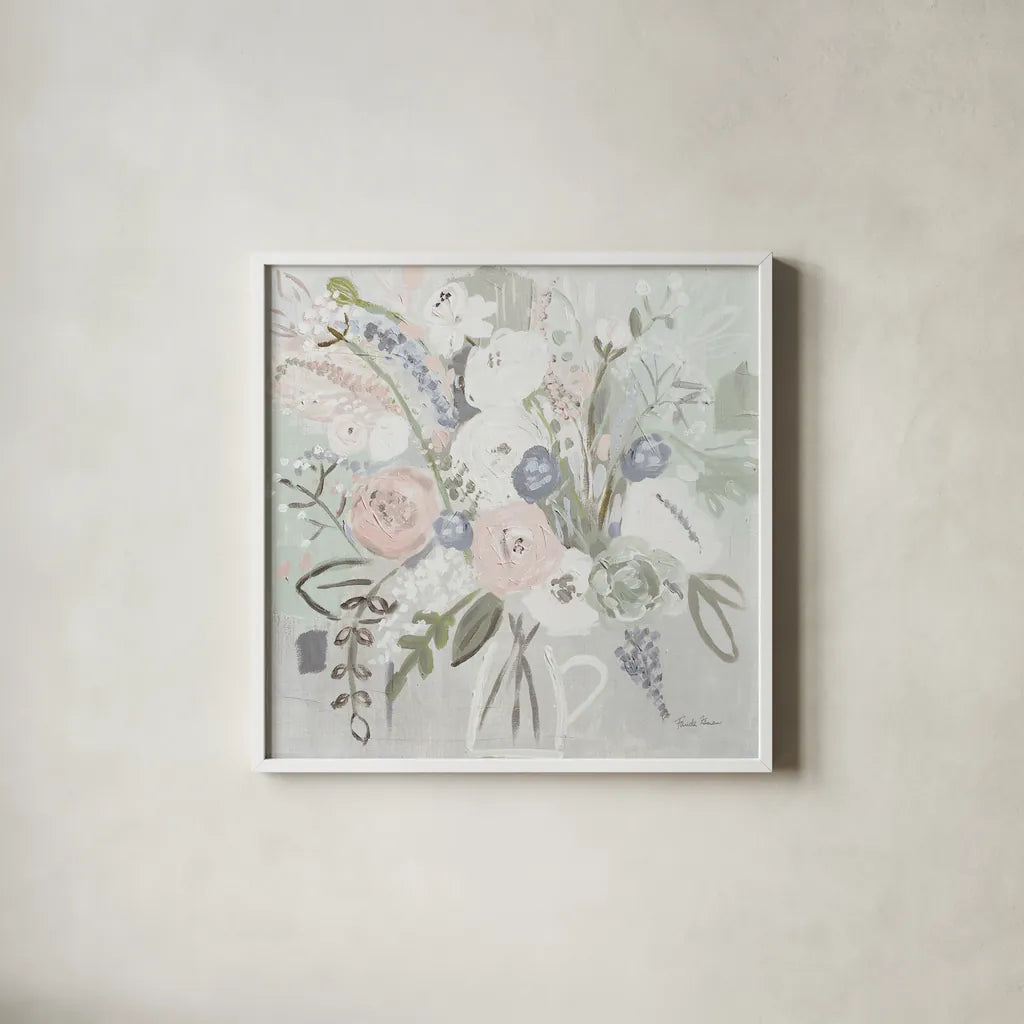 Floral Elegance Bleached by Farida Zaman. Shown in a crisp white glass frame for a clean and minimalist style. Available as an archival giclee rolled canvas, fine art paper, or poster print. SKU 60293a.