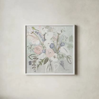 Floral Elegance Bleached by Farida Zaman. Shown in a crisp white glass frame for a clean and minimalist style. Available as an archival giclee rolled canvas, fine art paper, or poster print. SKU 60293a.