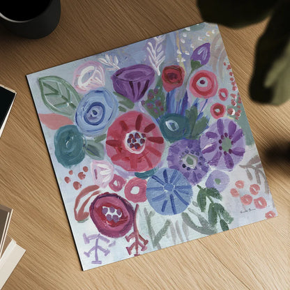 Floral Jewels I by Farida Zaman. Shown as a detailed flat fine art print, highlighting archival giclee quality. Available as an archival giclee rolled canvas, fine art paper, or poster print. SKU 37182a.