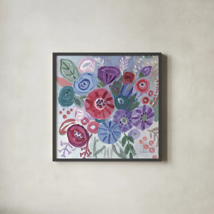 Floral Jewels I by Farida Zaman. Shown in a sleek black glass frame for a contemporary gallery look. Available as an archival giclee rolled canvas, fine art paper, or poster print. SKU 37182a.