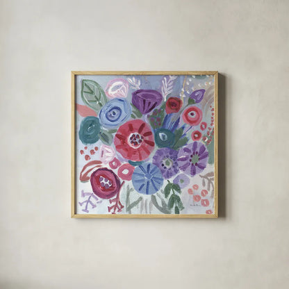 Floral Jewels I by Farida Zaman. Shown in a natural wood glass frame for a timeless modern aesthetic. Available as an archival giclee rolled canvas, fine art paper, or poster print. SKU 37182a.
