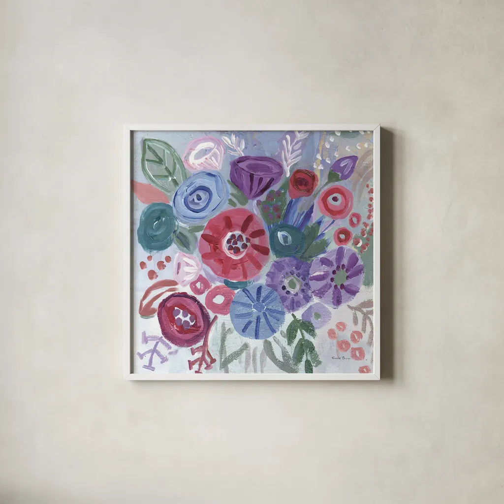 Floral Jewels I by Farida Zaman. Shown in a crisp white glass frame for a clean and minimalist style. Available as an archival giclee rolled canvas, fine art paper, or poster print. SKU 37182a.