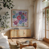 Floral Jewels I by Farida Zaman. Shown in a natural wood frame in a cozy modern living room. Available as an archival giclee rolled canvas, fine art paper, or poster print. SKU 37182a.