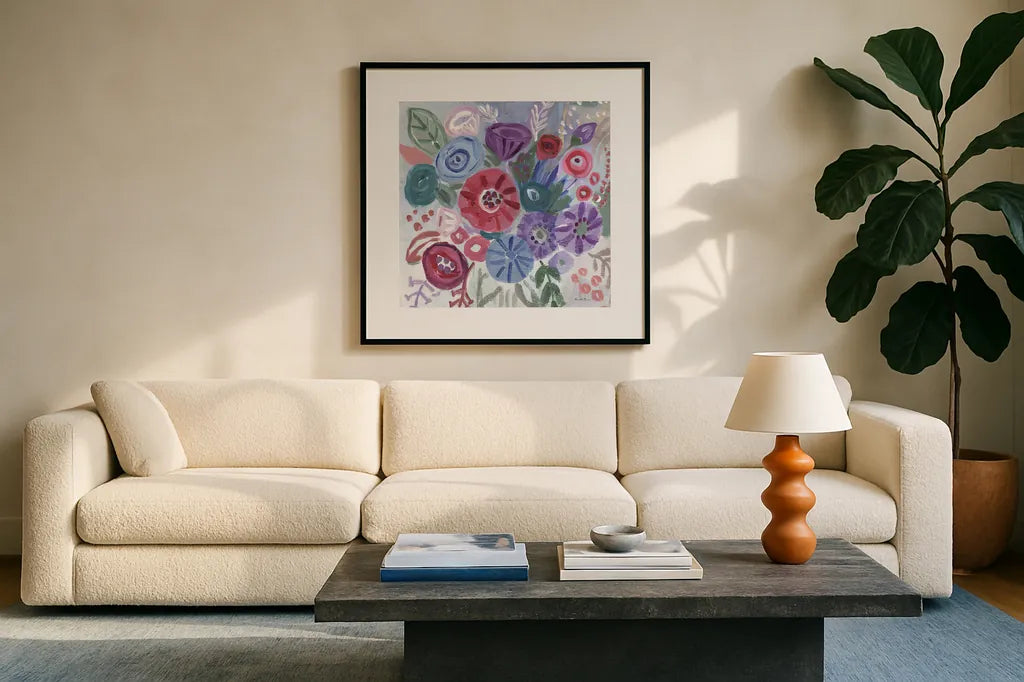 Floral Jewels I by Farida Zaman. Displayed in a glass frame with matte in a clean modern living room. Available as an archival giclee rolled canvas, fine art paper, or poster print. SKU 37182a.