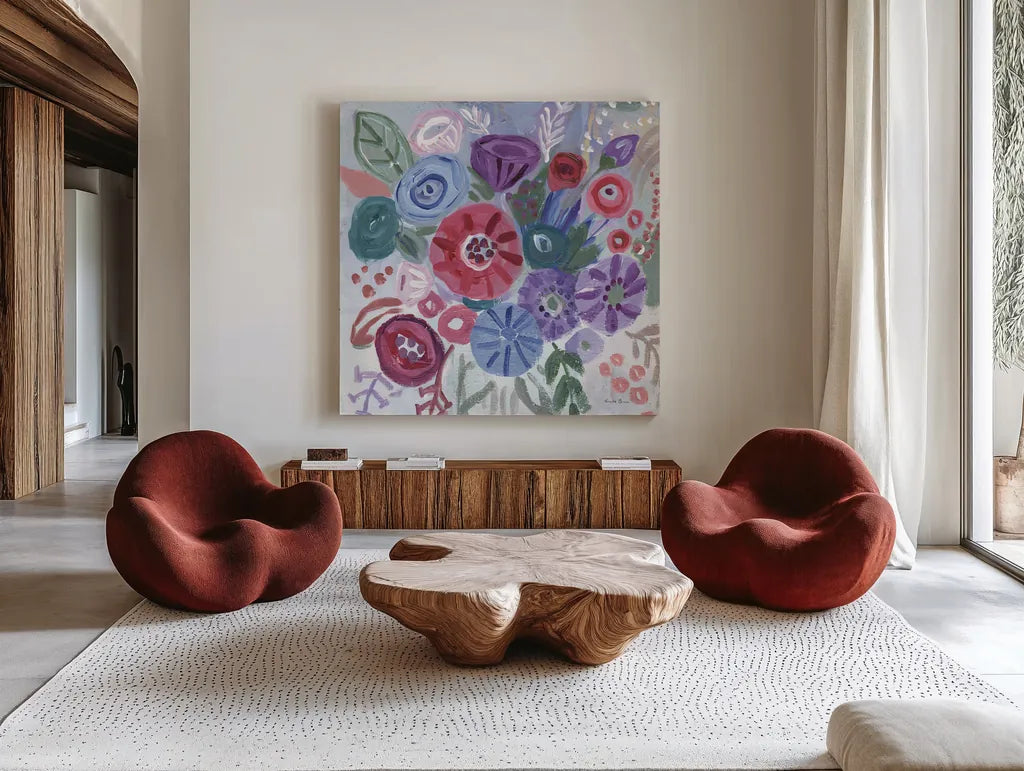 Floral Jewels I by Farida Zaman. Shown as extra-large giant wall art in a modern living room. Available as an archival giclee rolled canvas, fine art paper, or poster print. SKU 37182a.
