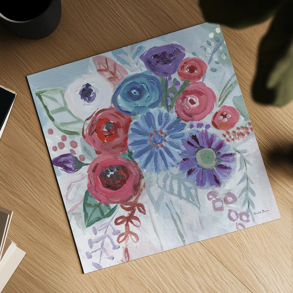Floral Jewels II by Farida Zaman. Shown as a detailed flat fine art print, highlighting archival giclee quality. Available as an archival giclee rolled canvas, fine art paper, or poster print. SKU 37183a.