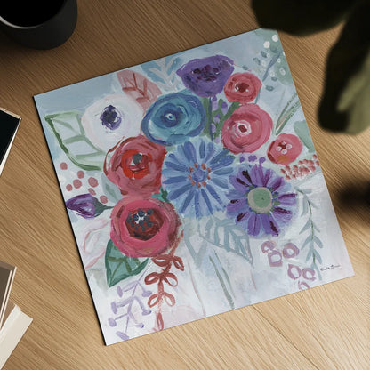 Floral Jewels II by Farida Zaman. Shown as a detailed flat fine art print, highlighting archival giclee quality. Available as an archival giclee rolled canvas, fine art paper, or poster print. SKU 37183a.