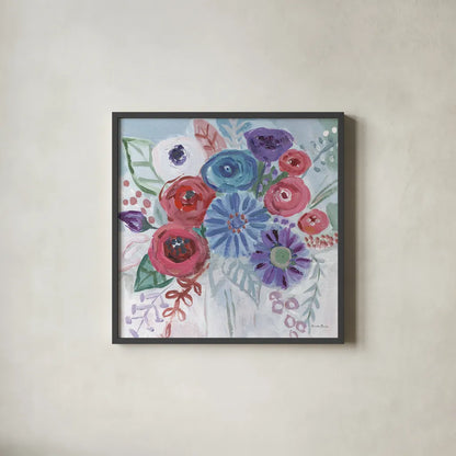 Floral Jewels II by Farida Zaman. Shown in a sleek black glass frame for a contemporary gallery look. Available as an archival giclee rolled canvas, fine art paper, or poster print. SKU 37183a.