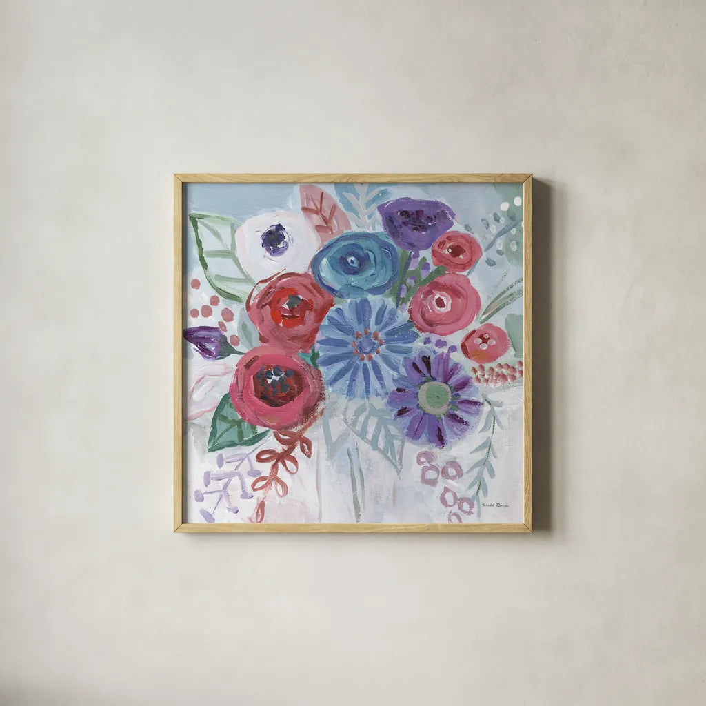 Floral Jewels II by Farida Zaman. Shown in a natural wood glass frame for a timeless modern aesthetic. Available as an archival giclee rolled canvas, fine art paper, or poster print. SKU 37183a.