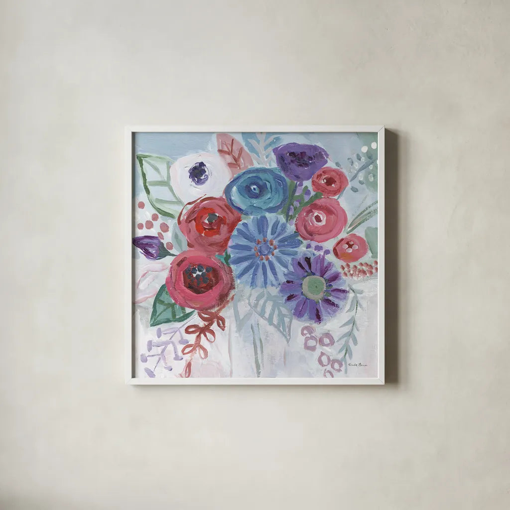 Floral Jewels II by Farida Zaman. Shown in a crisp white glass frame for a clean and minimalist style. Available as an archival giclee rolled canvas, fine art paper, or poster print. SKU 37183a.