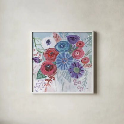 Floral Jewels II by Farida Zaman. Shown in a crisp white glass frame for a clean and minimalist style. Available as an archival giclee rolled canvas, fine art paper, or poster print. SKU 37183a.