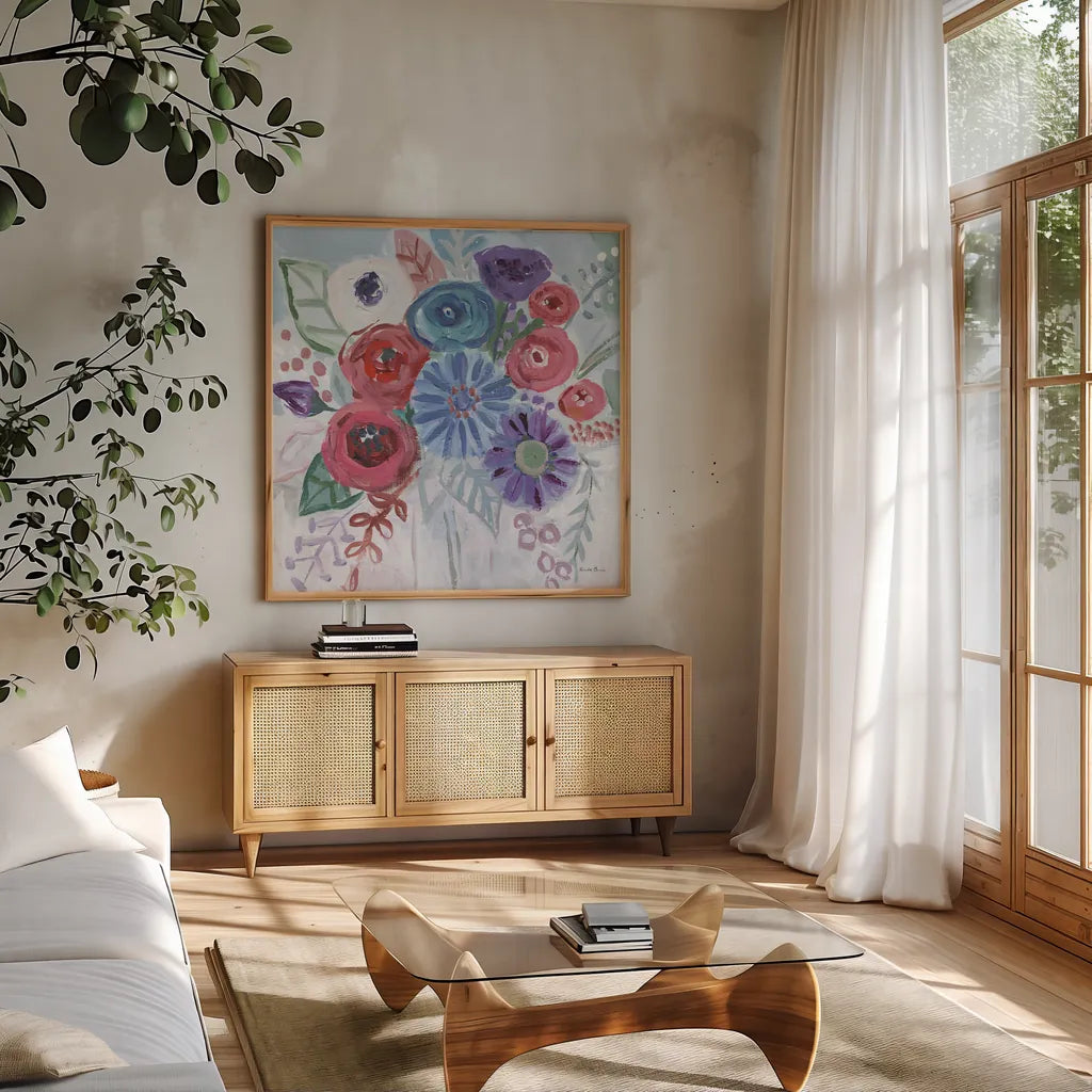 Floral Jewels II by Farida Zaman. Shown in a natural wood frame in a cozy modern living room. Available as an archival giclee rolled canvas, fine art paper, or poster print. SKU 37183a.