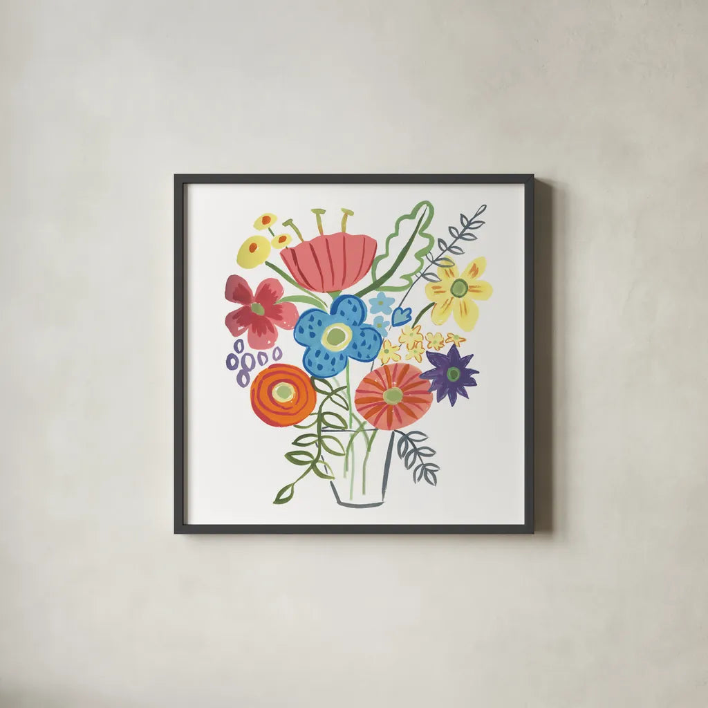 Floral Medley I by Farida Zaman. Shown in a sleek black glass frame for a contemporary gallery look. Available as an archival giclee rolled canvas, fine art paper, or poster print. SKU 33091a.