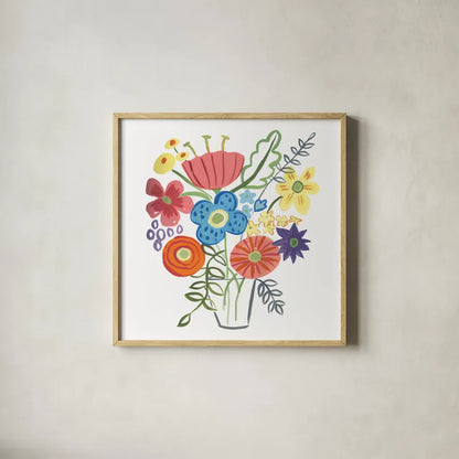 Floral Medley I by Farida Zaman. Shown in a natural wood glass frame for a timeless modern aesthetic. Available as an archival giclee rolled canvas, fine art paper, or poster print. SKU 33091a.
